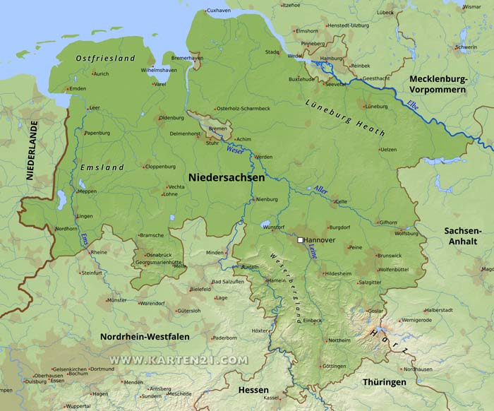Niedersachsen Karte – Karten21.com